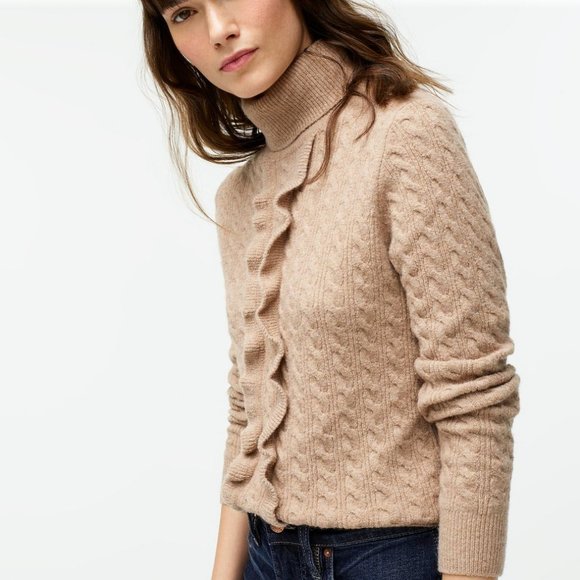 J. Crew Ruffle Front Cable-knit Turtleneck Sweater In Supersoft Yarn - Picture 2 of 9